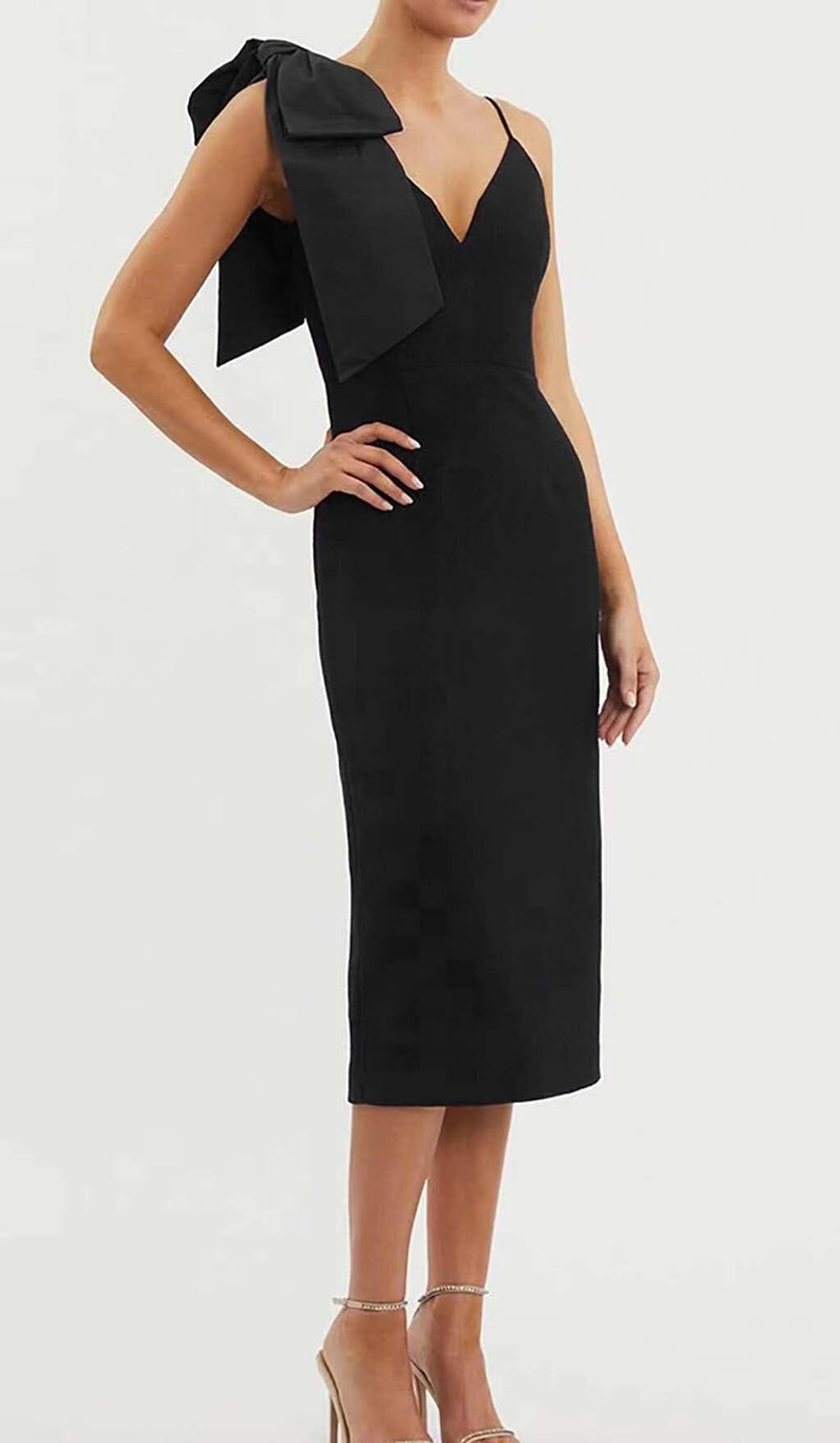 PLUNGING NECKLINE BOW MIDI DRESS IN BLACK