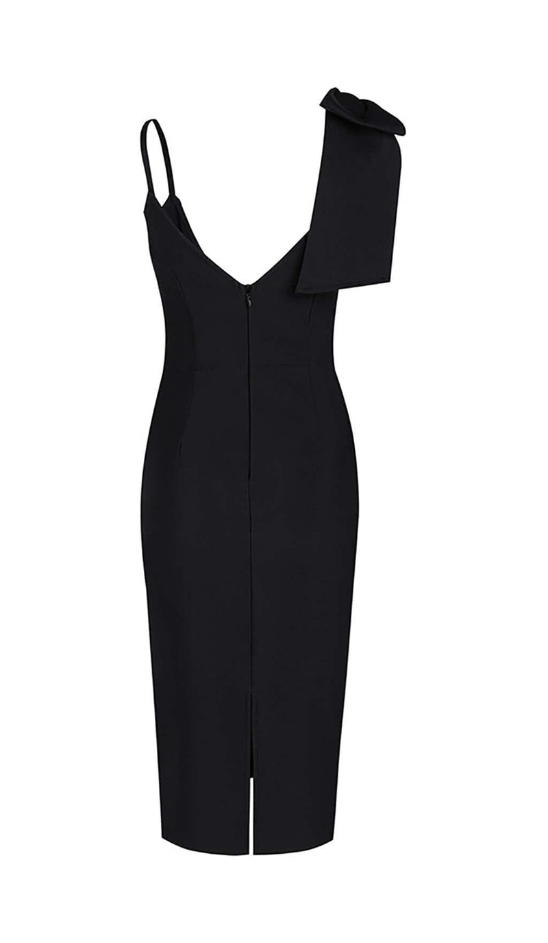 PLUNGING NECKLINE BOW MIDI DRESS IN BLACK