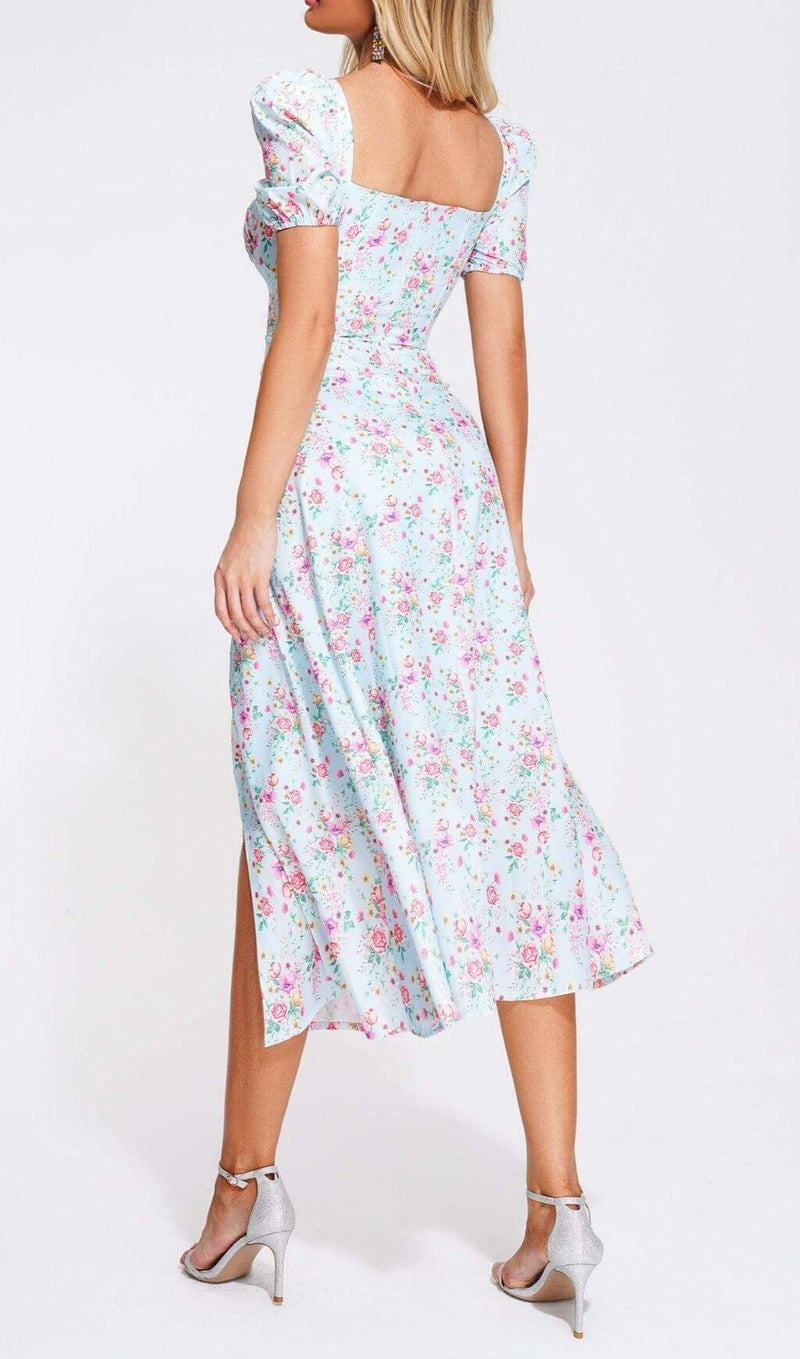 PUFF SLEEVE FLORAL MIDI DRESS