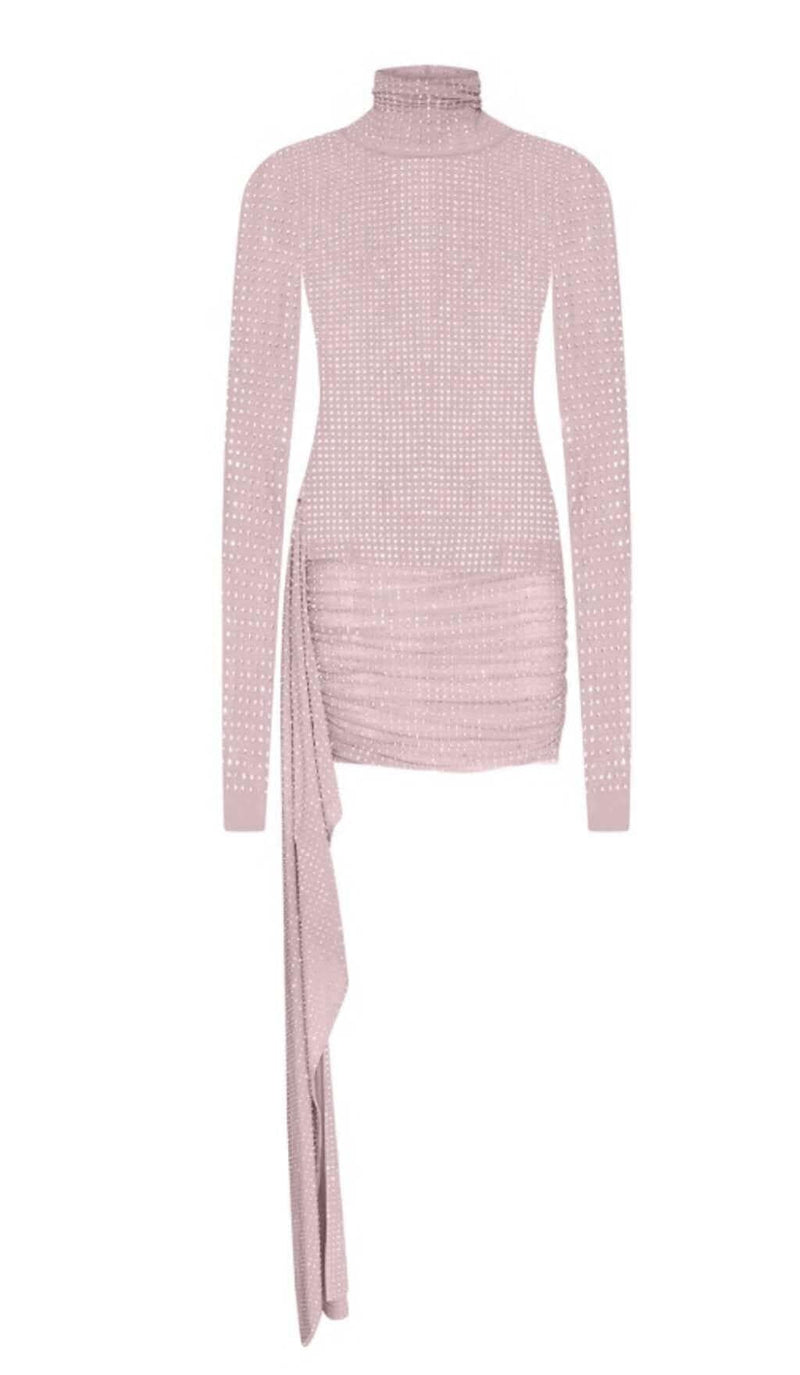 RHINESTONES MESH MINI DRESS IN NUDE