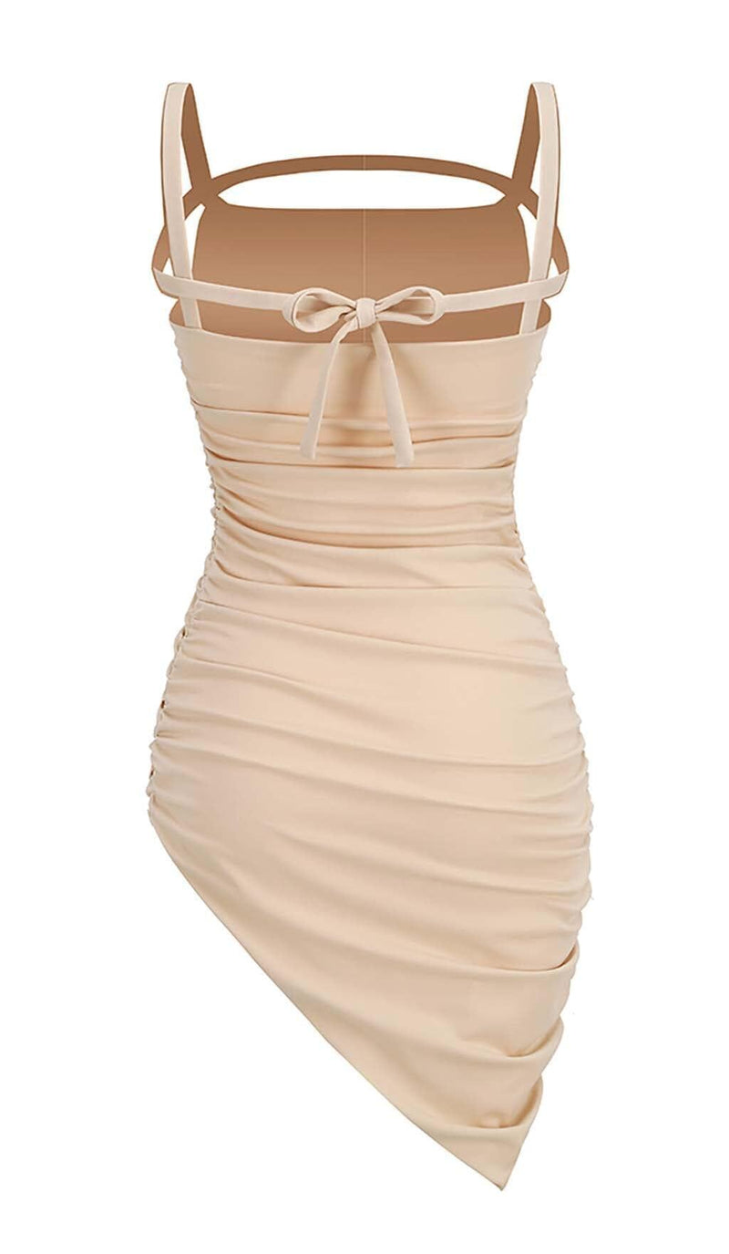 RUCHED STRAPPY MIDI DRESS IN NUDE