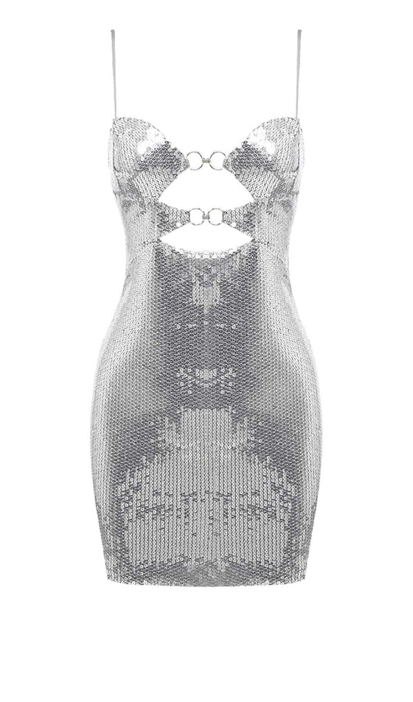 SEQUIN CUTOUT DRAPED MINI DRESS IN METALLIC SILVER