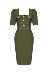 SQUARE COLLAR BUTTON MIDI DRESS IN OLIVE GREEN