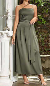 A-SILHOUETTE SATIN MIDI DRESS IN OLIVE