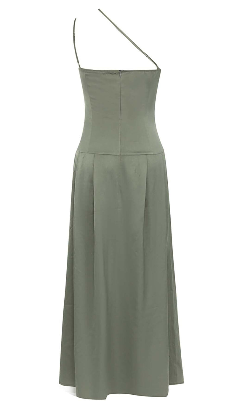 A-SILHOUETTE SATIN MIDI DRESS IN OLIVE