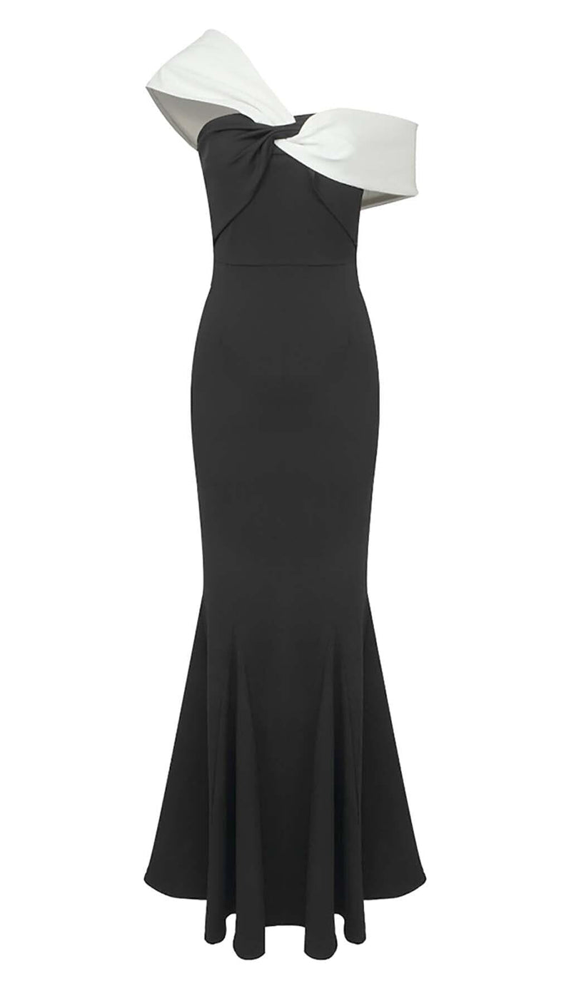 ASYMMETRIC OFF-THE-SHOULDER MAXI DRESS IN BLACK