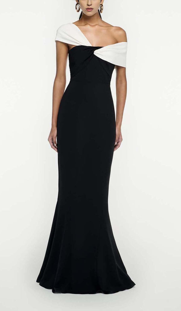 ASYMMETRIC OFF-THE-SHOULDER MAXI DRESS IN BLACK