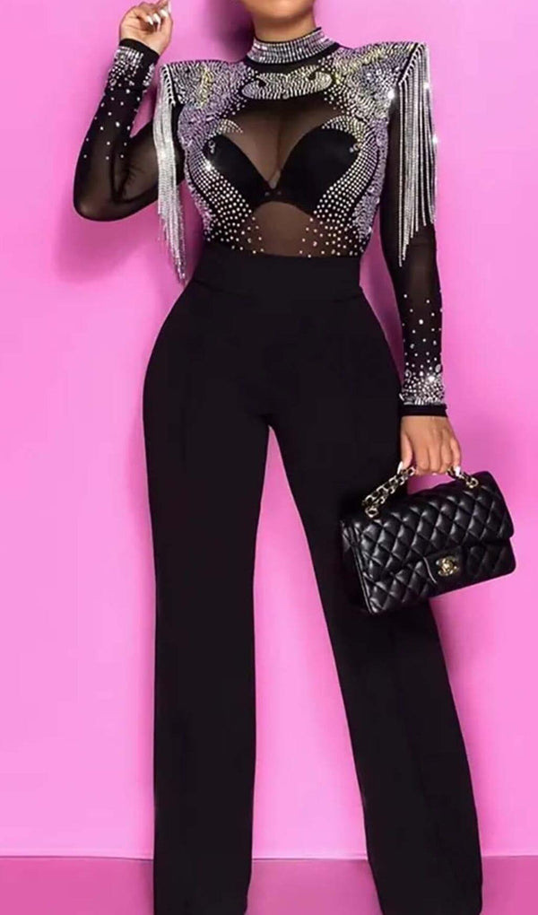 DIAMOND TASSEL TWO PIECE SET IN BLACK