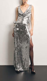 MBELLISHED V-NECK COLUMN GOWN IN SILVER