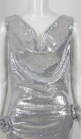 MBELLISHED V-NECK COLUMN GOWN IN SILVER