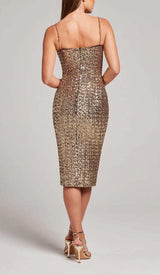 SEQUIN CORSET MIDI DRESS IN METALLIC GOLD