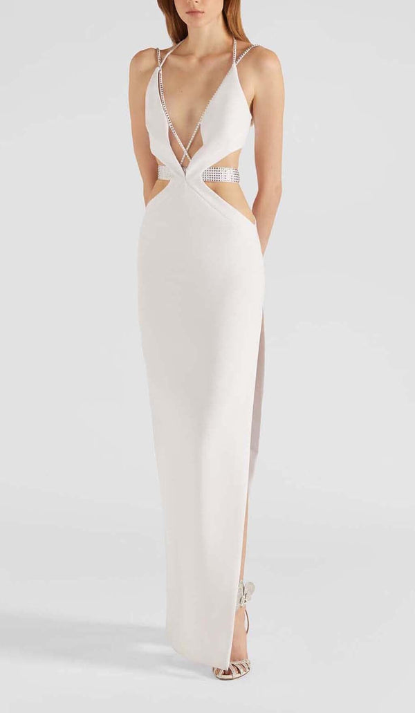 SLEEVELESS RHINESTONED STRAPS MAXI DRESS IN WHITE