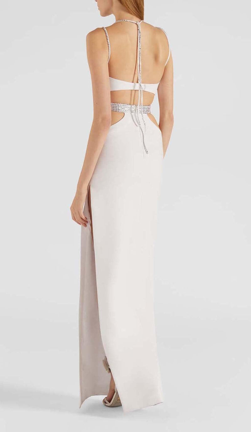 SLEEVELESS RHINESTONED STRAPS MAXI DRESS IN WHITE