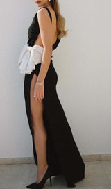 SLIT OPEN BOW BELTED MAXI DRESS IN BLACK