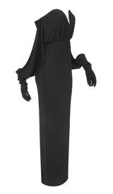 STRAPLESS DRAPED KNITTED MAXI DRESS IN NOIR