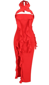 STRAPLESS RUFFLE SLIT MIDI DRESS IN RED