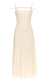 STRUCTURED CORSET FLOUNCED MIDI DRESS IN IVORY