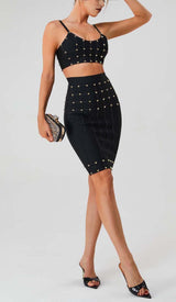 STUDDED STRAP SLEEVELESS TWO PIECE SET IN BLACK