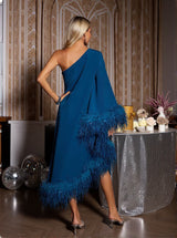 Ceridwen One Shoulder Feather Trimmed Midi Dress In Dark Blue