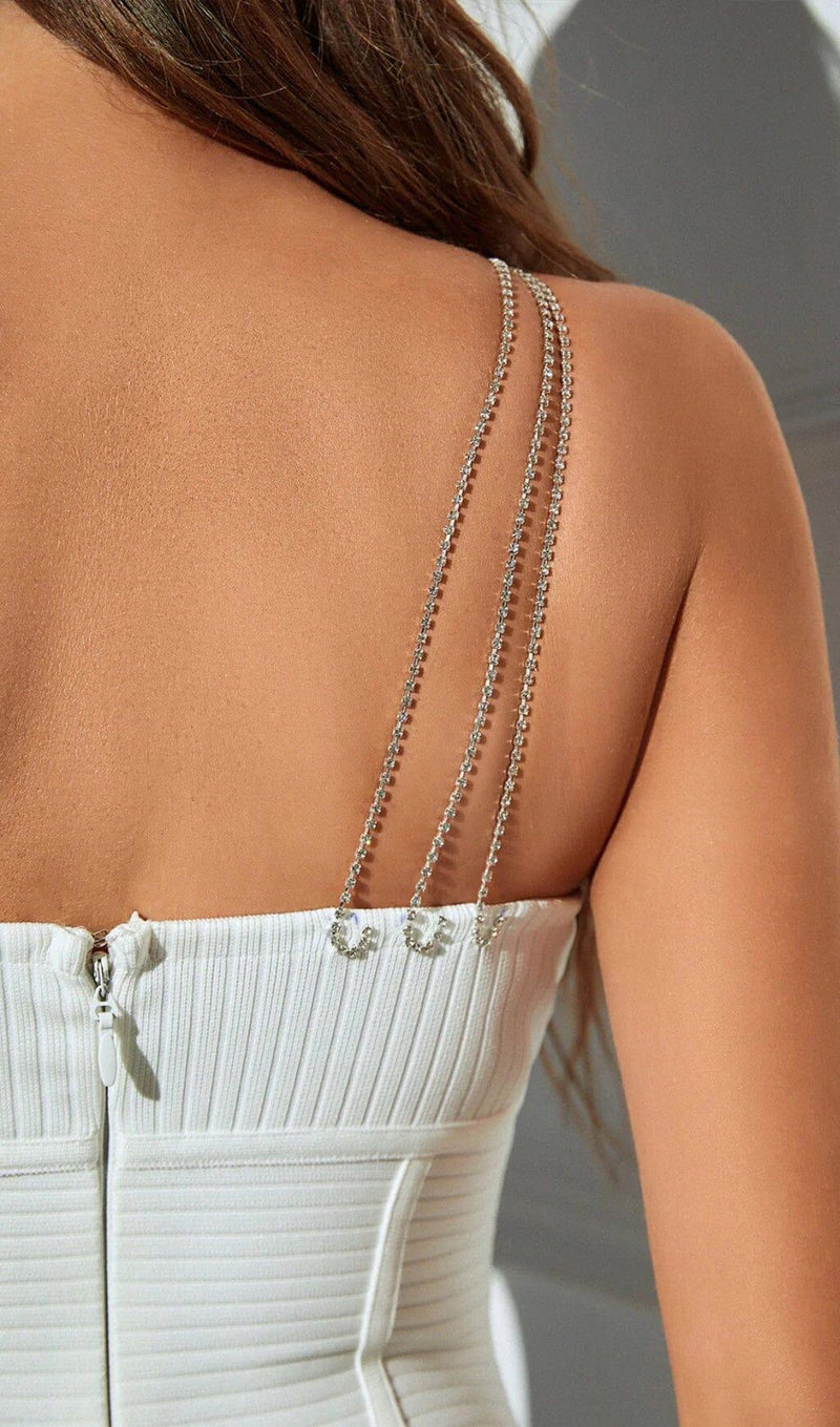 WHITE EMBELLISHED STRAP MIDI DRESS