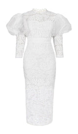 WHITE PUFF SLEEVE LACE MIDI DRESS