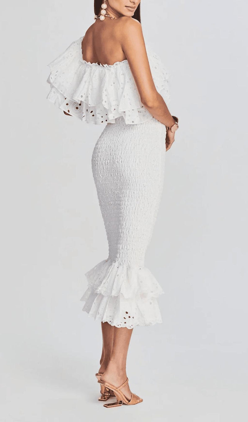 WHITE RUFFLES SKEW COLLAR TOPS & HIGH WAIST MIDI DRESS TWO PIECE SET