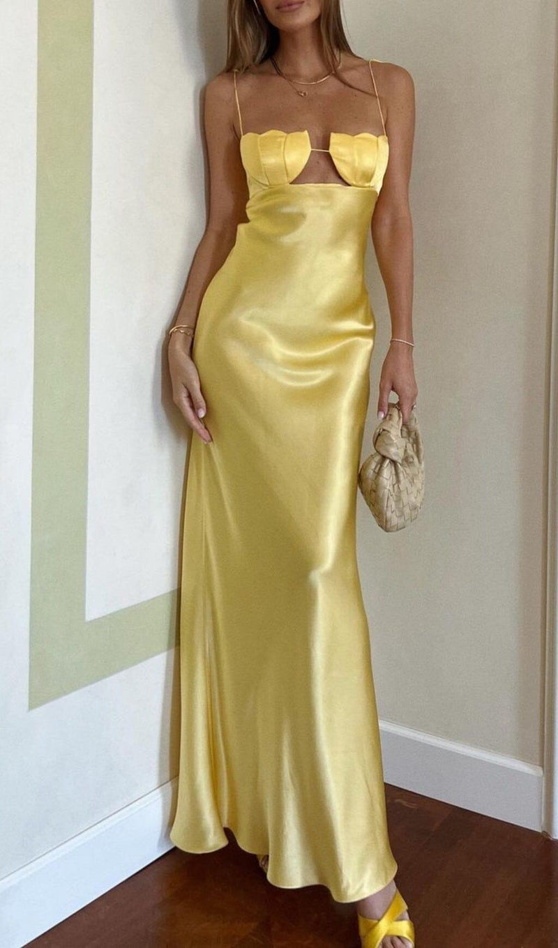 YELLOW TULIP SATIN MAXI DRESS