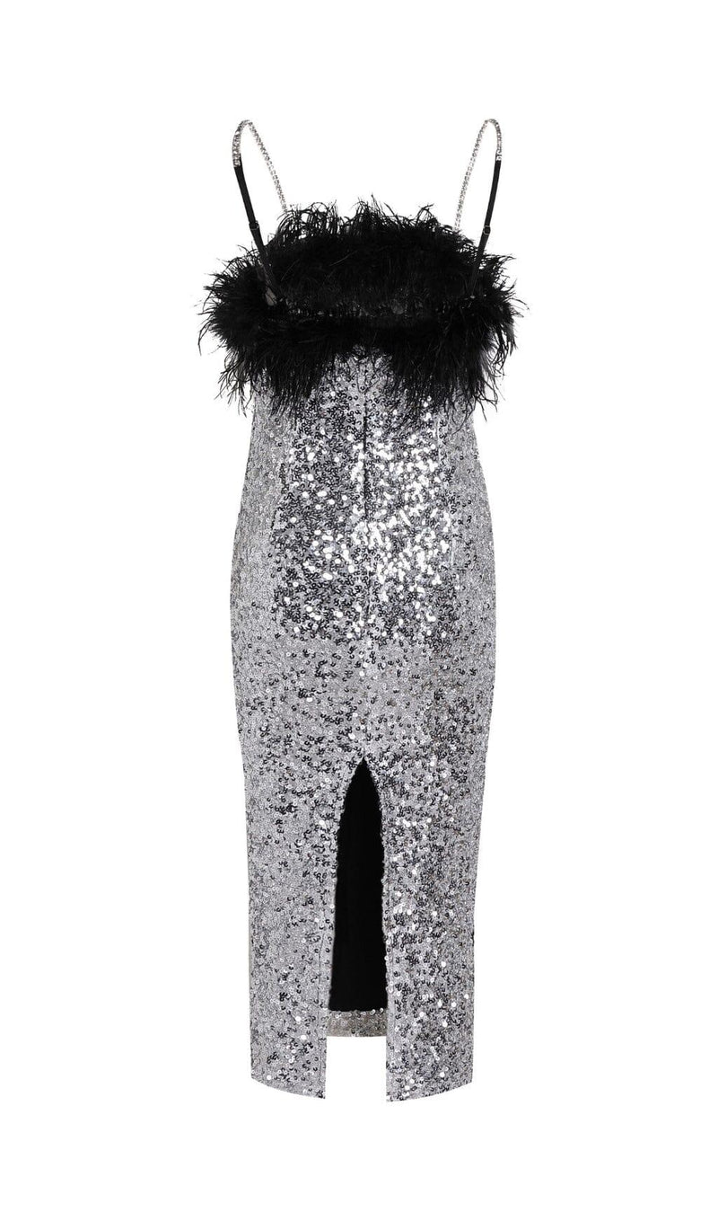 SEQUINED FEATHER SLIM SUSPENDER DRESS