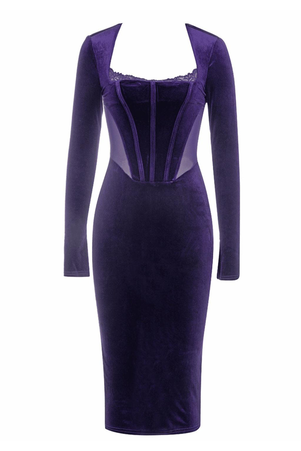 SQUARE NECK PURPLE HERRINGBONE VELVET TIGHT MIDI DRESS
