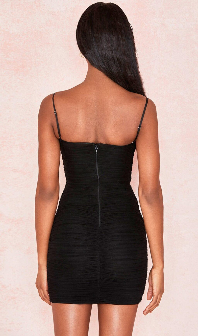 BLACK RUCHED ORGANZA MESH MINI DRESS