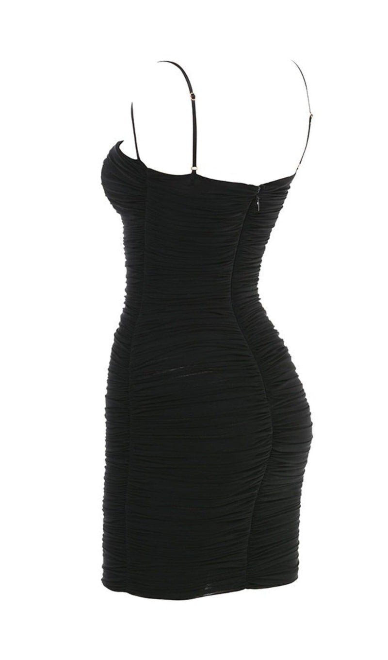 BLACK RUCHED ORGANZA MESH MINI DRESS