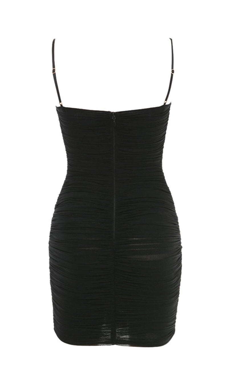 BLACK RUCHED ORGANZA MESH MINI DRESS