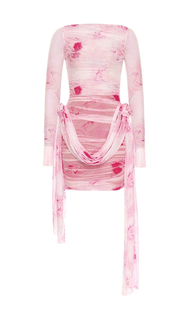 PINK FLARED LONG-SLEEVED PRINTED FLORAL MINI DRESS