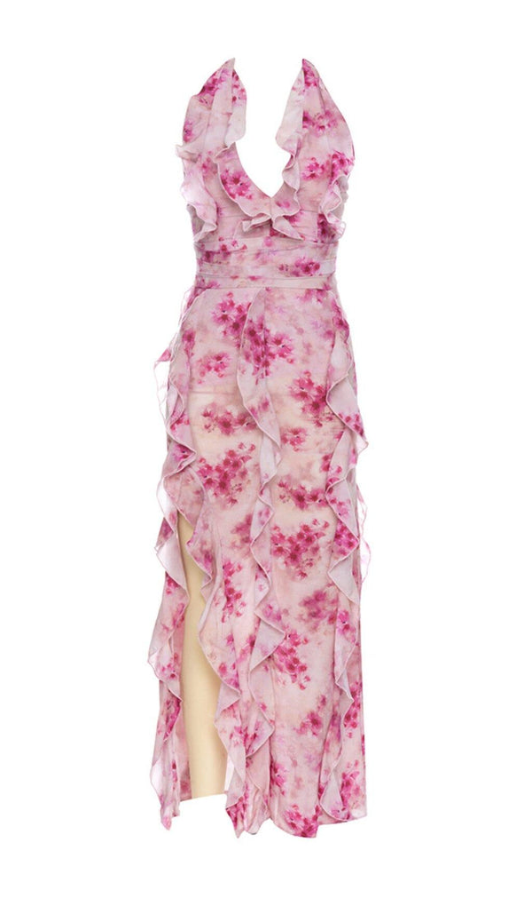 PINK HALTER NECK PRINTED PLEATED SLIT DRESS