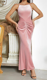 PINK SUSPENDER BACKLESS VELVET PLEATED HIP DRESS