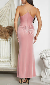 PINK SUSPENDER BACKLESS VELVET PLEATED HIP DRESS