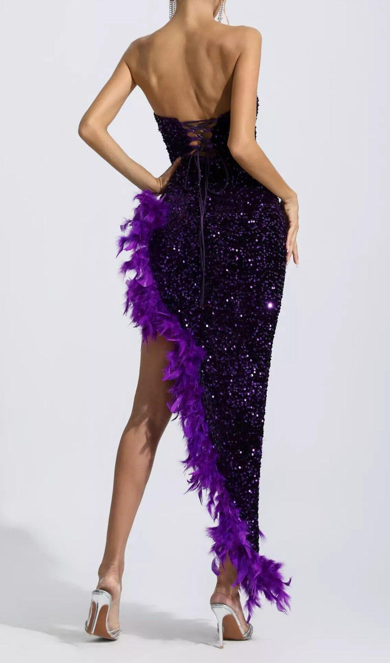 PURPLE SEQUIN FEATHER DRESS