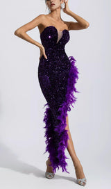 PURPLE SEQUIN FEATHER DRESS