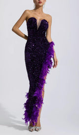 PURPLE SEQUIN FEATHER DRESS