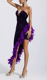 PURPLE SEQUIN FEATHER DRESS