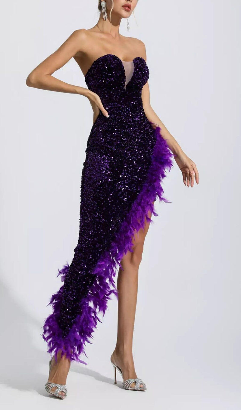 PURPLE SEQUIN FEATHER DRESS