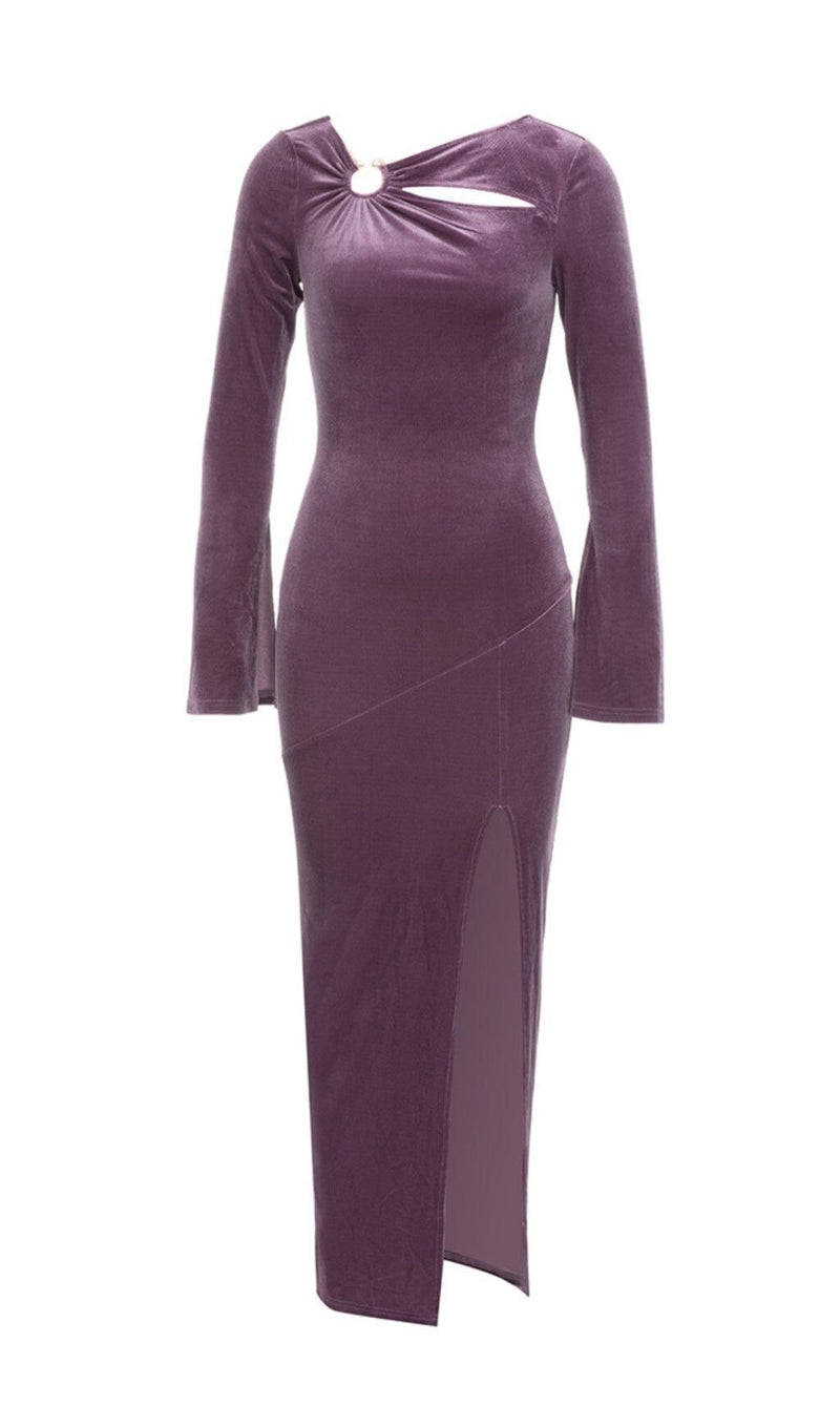 PURPLE THIN TRUMPET LONG-SLEEVED SLIM SLIT DRESS