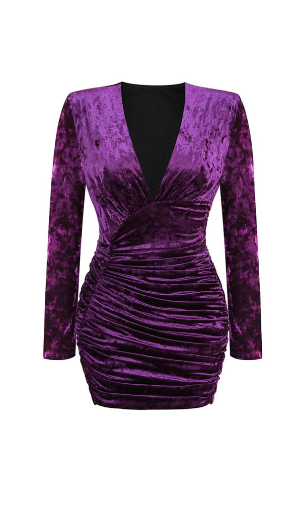 PURPLE V NECK RUCHED VELVET MINI DRESS