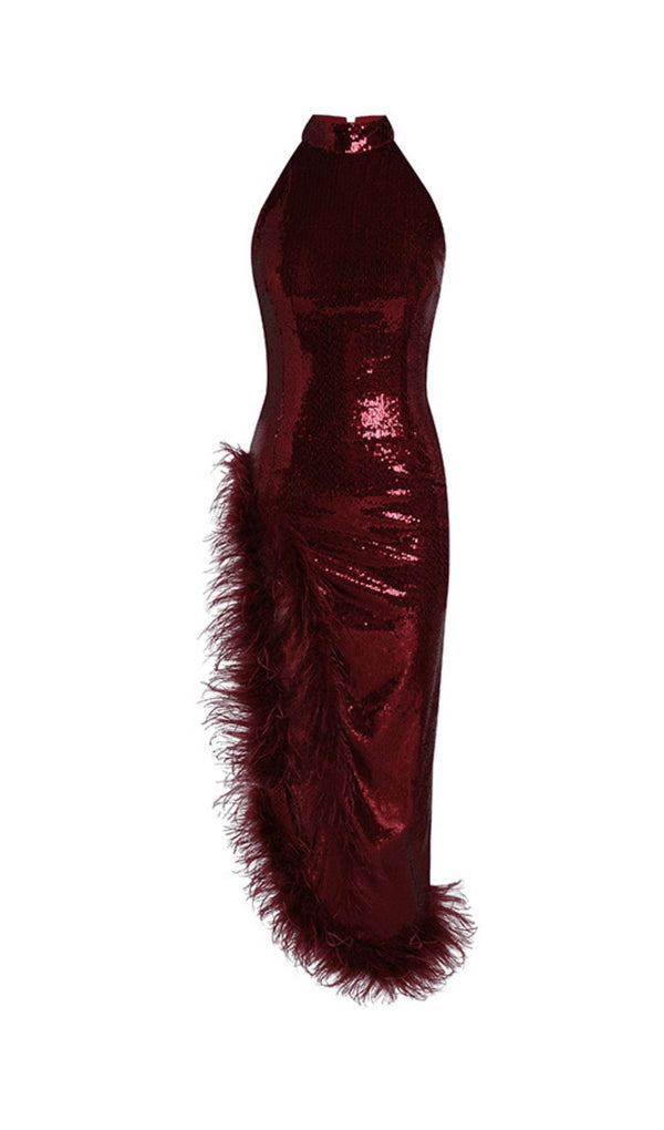 RED SLIT SEQUIN FEATHER MAXI DRESS