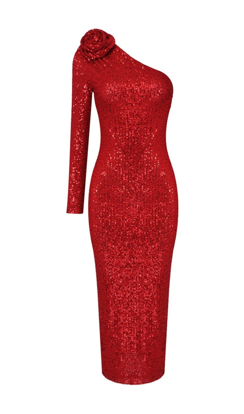 RED THREE-DIMENSIONAL ONE-SHOULDER FLORAL SEQUINED STRETCH DRESS