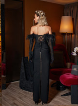 Blanche Off Shoulder Feather Trimmed Maxi Dress In Black