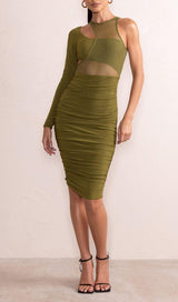 MESH ONE SHOULDER LAYERED DRESS WITH RUCHING