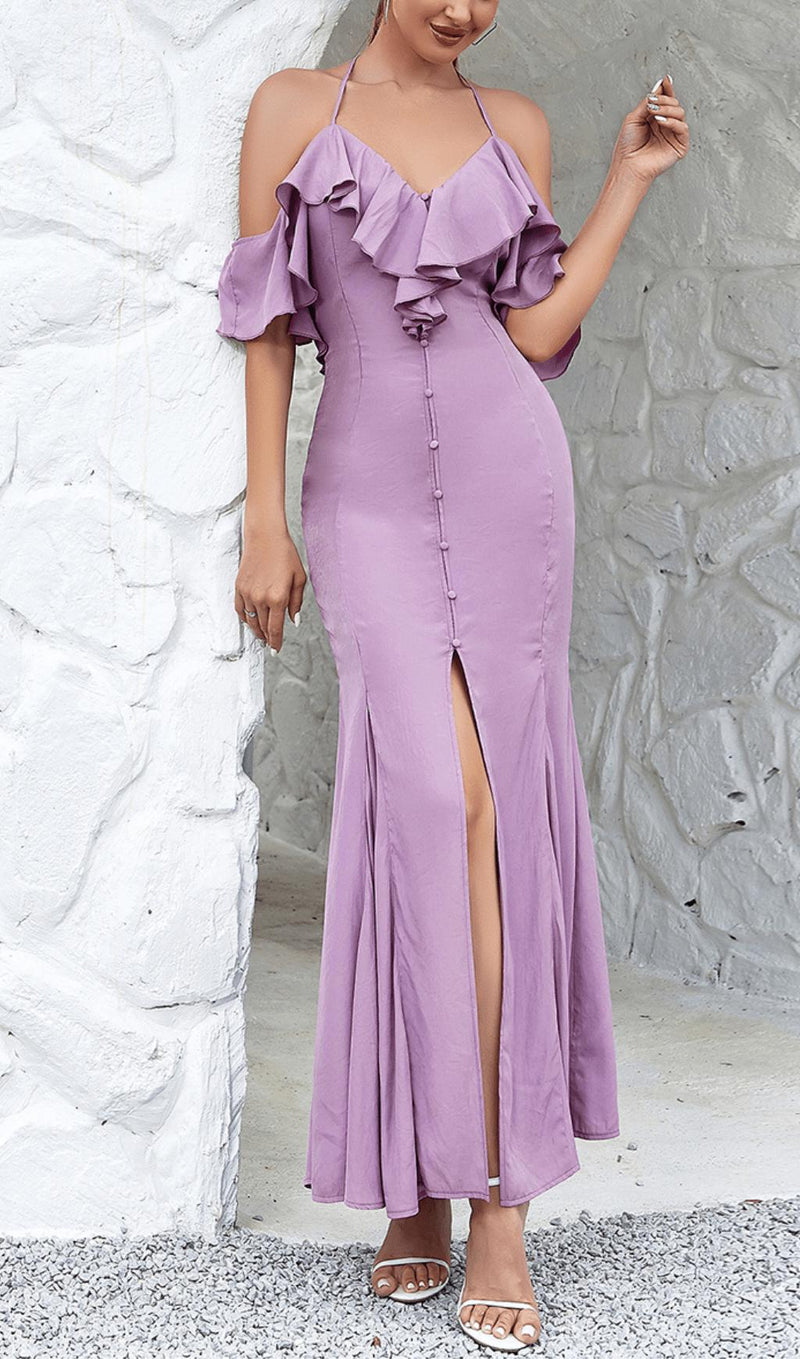 OFF-THE-SHOULDER PLEATED SLIT RUFFLED MAXI DRESS