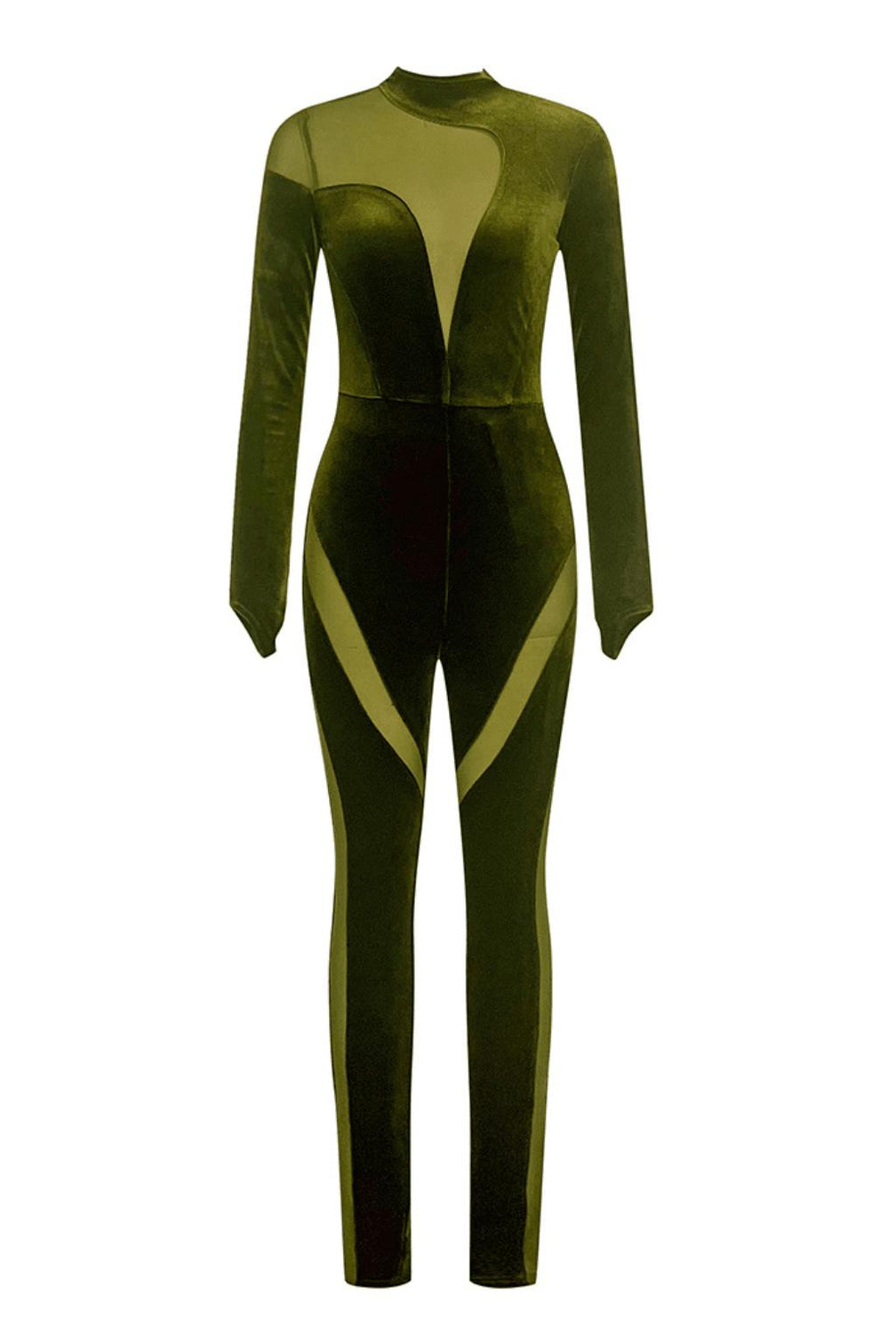 OLIVE GREEN VELVET CASUAL LONG-SLEEVED TIGHT MESH JUMPSUIT