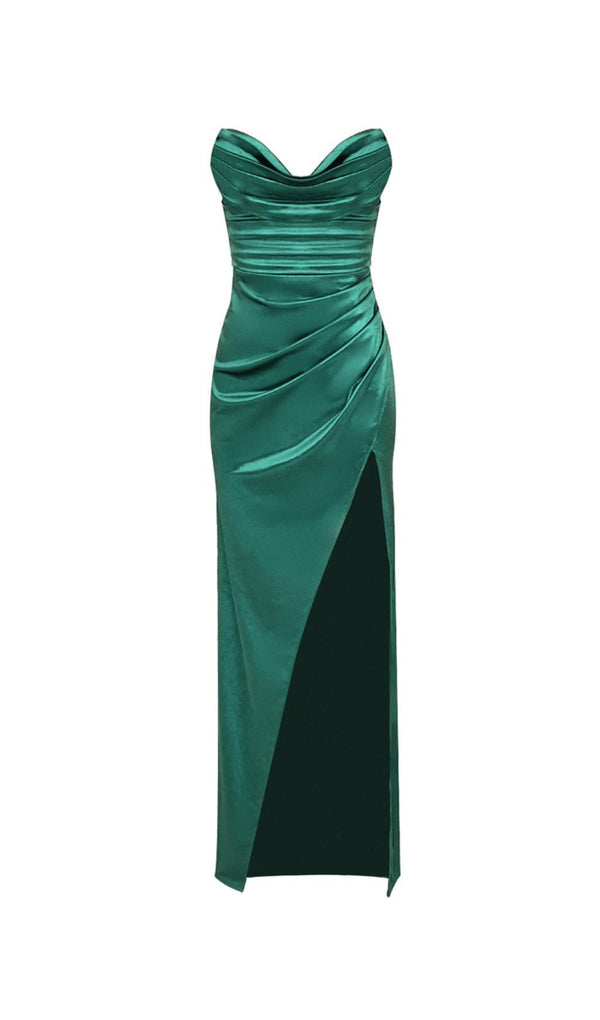 GREEN DRAPED WRAP TUBE TOP MAXI DRESS